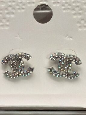 Iridescent Crystal CC Logo Stud Earrings - Silver